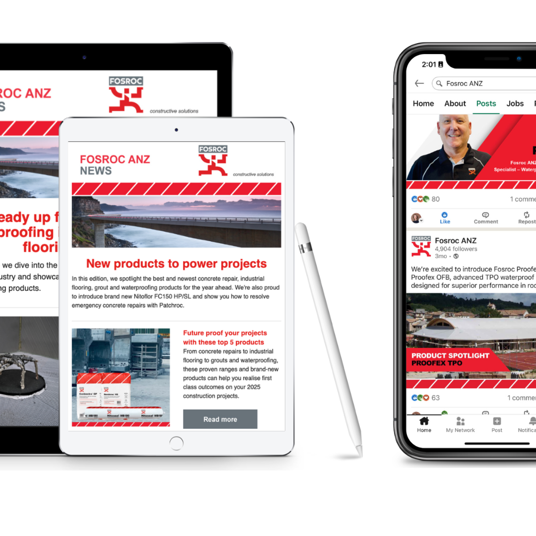 Fosroc eNewsletter and socials on iPhone and tablet