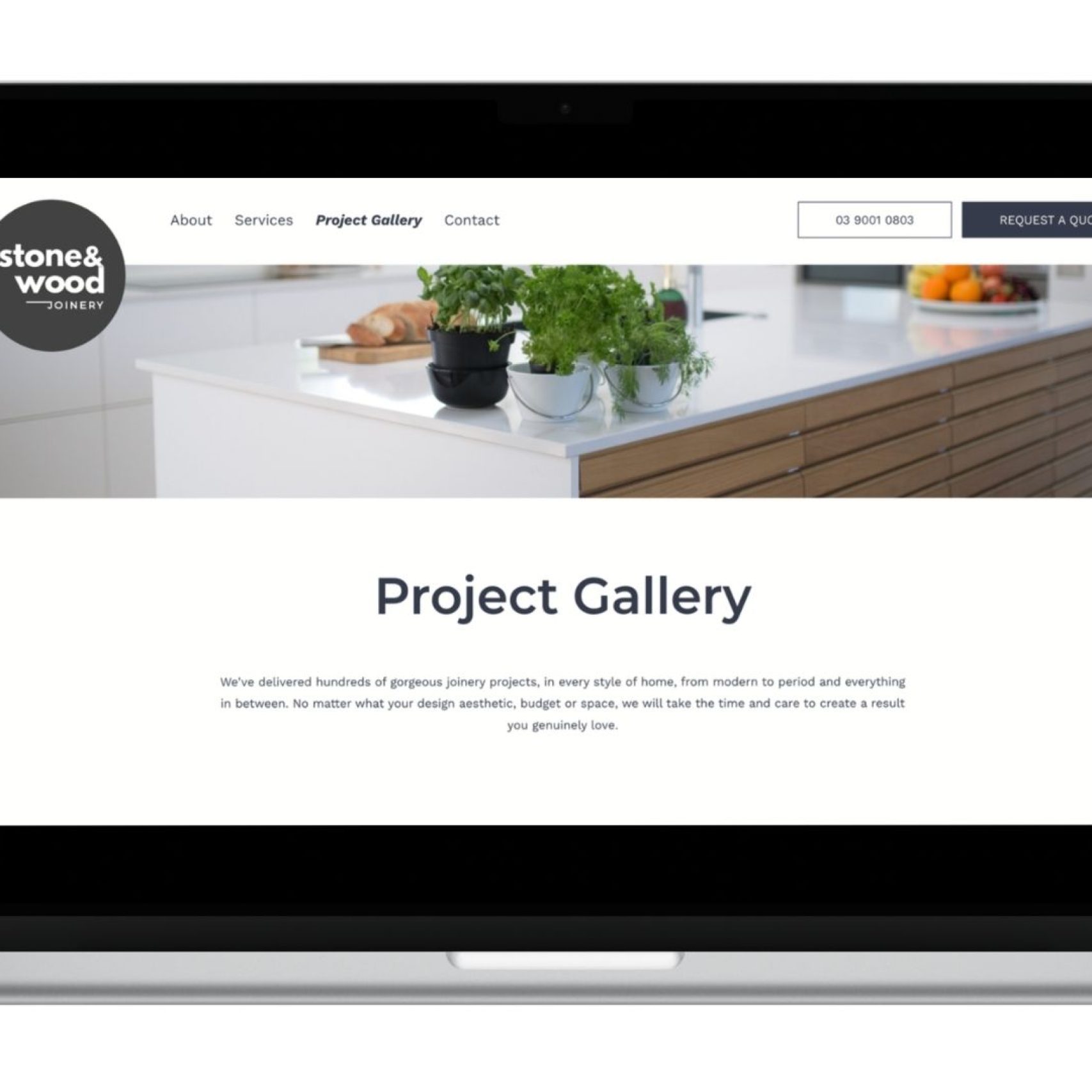 Joinery business project gallery on laptop screen.