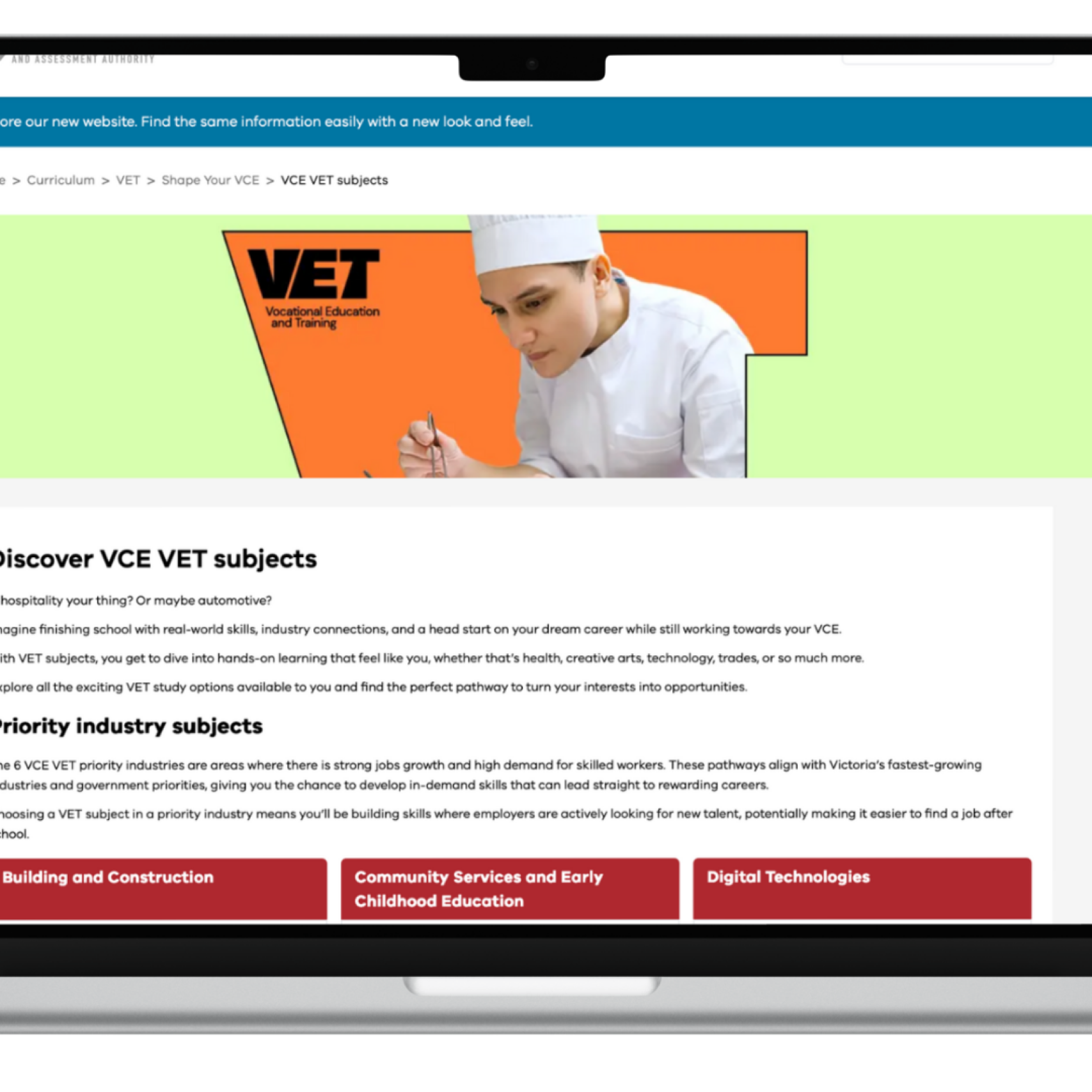 Computer screen showing VCAA VET website